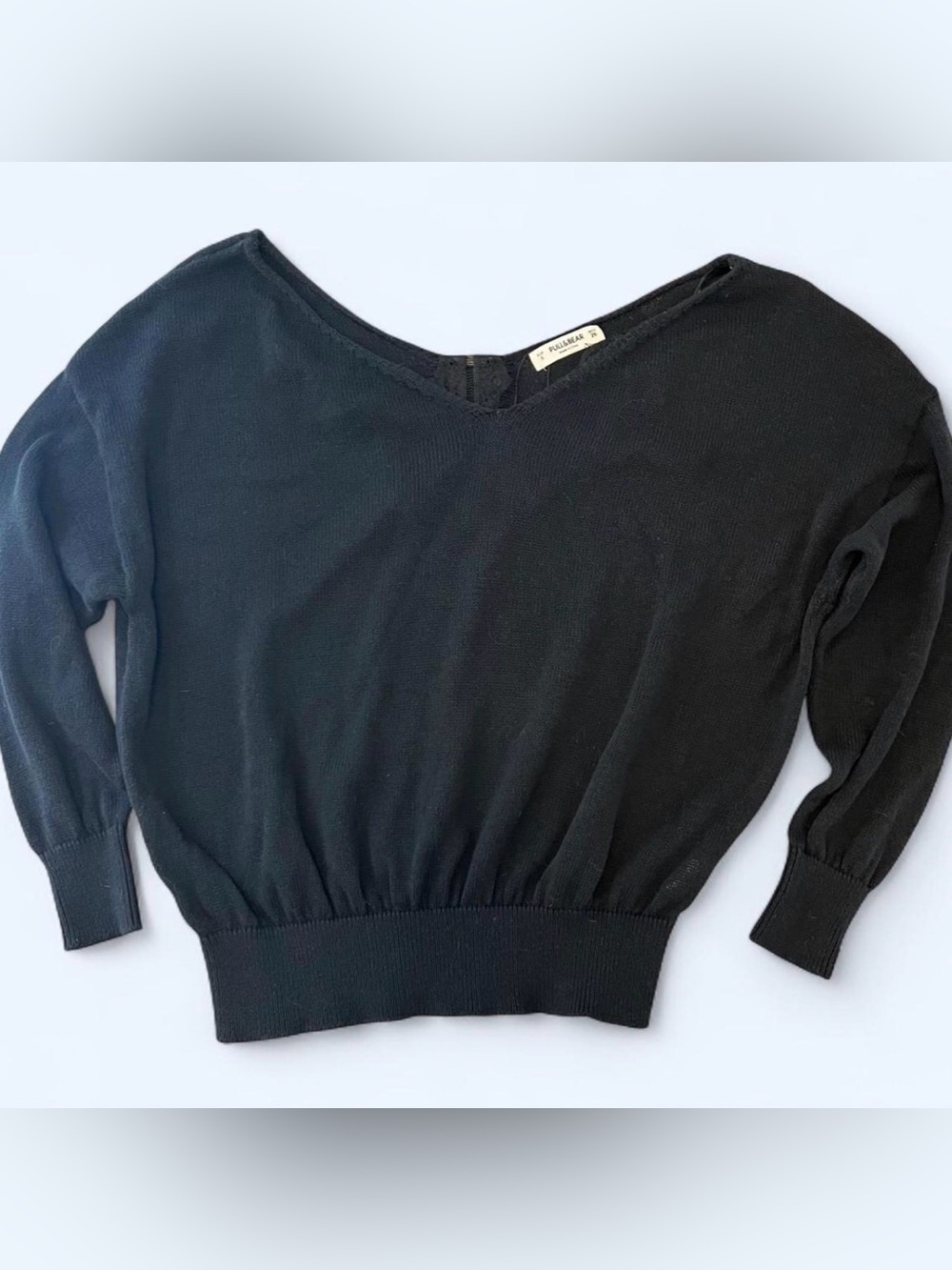 Pull&Bear Black V-Neck Ribbed-Waist Lightweight Knit Top